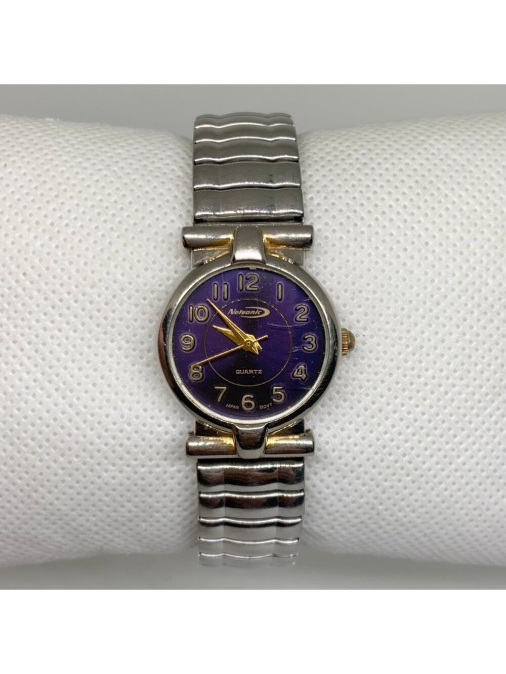 Vintage Nelsonic women watch purple dial two tone 23mm quartz 6” running